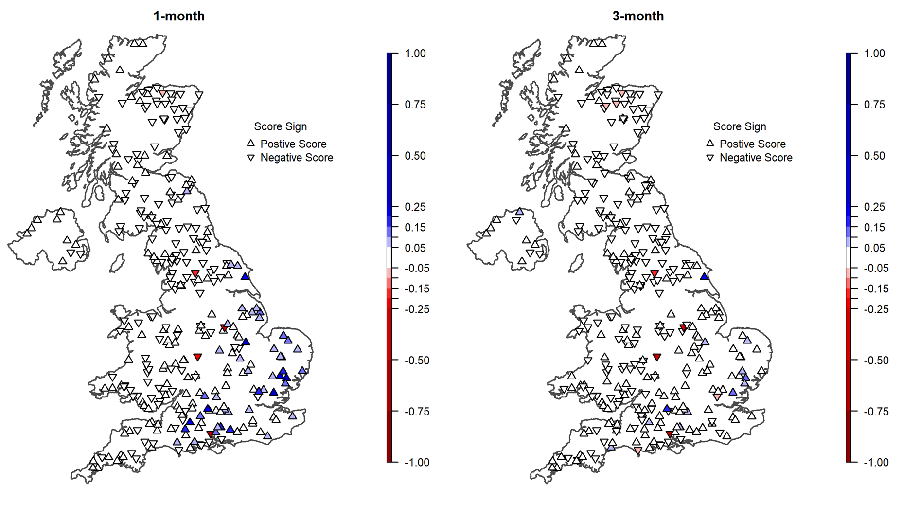 Figure 3: Map of difference in skill (CRPSS) between ESP forecasts generated using GR6J and GR4J at (left) 1-month lead time and (right) 3-month lead time. Blue shades signify improved forecast skill with GR6J compared to GR4J, red shades represent the reverse, while white signifies negligeable differences.